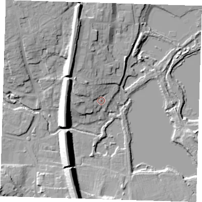 Shaded relief map of the ground around TN132XP, computed from Environment Agency LiDAR. The ground here sits at about 72 m above sea level and falls 21 m across the surrounding 800 m. Surface water reaching this point runs off ground lying to the west-north-west, 12.9 m higher.