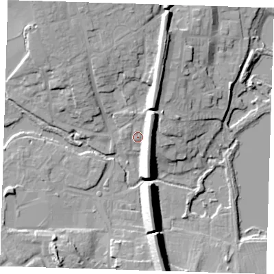 Shaded relief map of the ground around TN132XR, computed from Environment Agency LiDAR. The ground here sits at about 73 m above sea level and falls 20 m across the surrounding 800 m. Surface water reaching this point runs off ground lying to the east, 12.2 m higher.