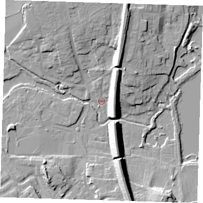 Shaded relief map of the ground around TN132XU, computed from Environment Agency LiDAR. The ground here sits at about 70 m above sea level and falls 20 m across the surrounding 800 m. Surface water reaching this point runs off ground lying to the east-south-east, 14.7 m higher.