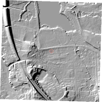 Shaded relief map of the ground around TN133DJ, computed from Environment Agency LiDAR. The ground here sits at about 72 m above sea level and falls 36 m across the surrounding 800 m. Surface water reaching this point runs off ground lying to the south-west, 22.8 m higher.