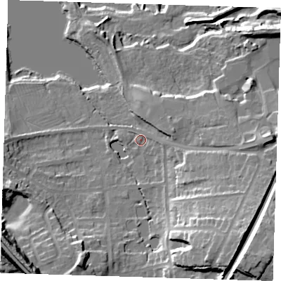 Shaded relief map of the ground around TN133DL, computed from Environment Agency LiDAR. The ground here sits at about 73 m above sea level and falls 36 m across the surrounding 800 m. Surface water reaching this point runs off ground lying to the south-east, 18.6 m higher.