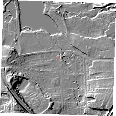 Shaded relief map of the ground around TN133DY, computed from Environment Agency LiDAR. The ground here sits at about 72 m above sea level and falls 36 m across the surrounding 800 m. Surface water reaching this point runs off ground lying to the west-south-west, 23.1 m higher.
