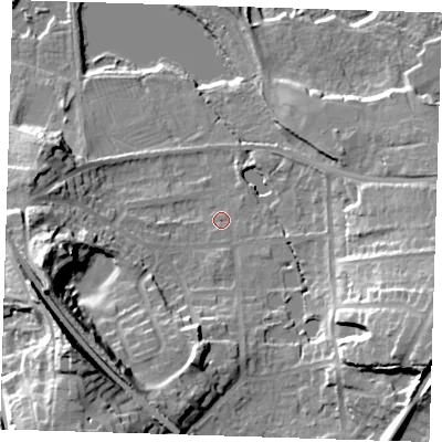 Shaded relief map of the ground around TN133DZ, computed from Environment Agency LiDAR. The ground here sits at about 73 m above sea level and falls 35 m across the surrounding 800 m. Surface water reaching this point runs off ground lying to the south-south-east, 1.1 m higher.