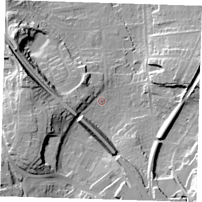 Shaded relief map of the ground around TN133ED, computed from Environment Agency LiDAR. The ground here sits at about 79 m above sea level and falls 31 m across the surrounding 800 m. Surface water reaching this point runs off ground lying to the west, 12.8 m higher.