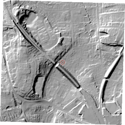 Shaded relief map of the ground around TN133EE, computed from Environment Agency LiDAR. The ground here sits at about 79 m above sea level and falls 34 m across the surrounding 800 m. Surface water reaching this point runs off ground lying to the south-west, 27.0 m higher.