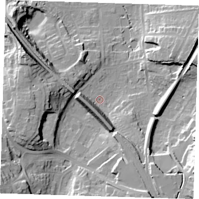 Shaded relief map of the ground around TN133EF, computed from Environment Agency LiDAR. The ground here sits at about 79 m above sea level and falls 31 m across the surrounding 800 m. Surface water reaching this point runs off ground lying to the south-west, 25.2 m higher.