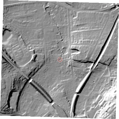 Shaded relief map of the ground around TN133EH, computed from Environment Agency LiDAR. The ground here sits at about 77 m above sea level and falls 45 m across the surrounding 800 m. Surface water reaching this point runs off ground lying to the south-east, 38.6 m higher.