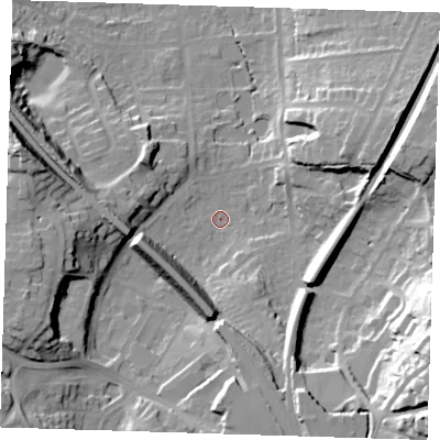 Shaded relief map of the ground around TN133EJ, computed from Environment Agency LiDAR. The ground here sits at about 78 m above sea level and falls 38 m across the surrounding 800 m. Surface water reaching this point runs off ground lying to the west-south-west, 21.1 m higher.