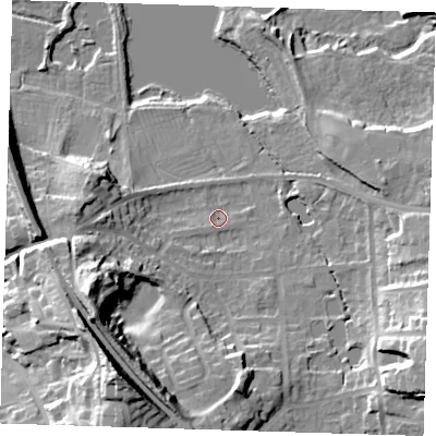 Shaded relief map of the ground around TN133EL, computed from Environment Agency LiDAR. The ground here sits at about 72 m above sea level and falls 35 m across the surrounding 800 m. Surface water reaching this point runs off ground lying to the west-south-west, 23.0 m higher.