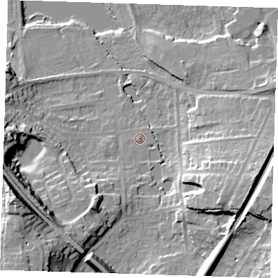 Shaded relief map of the ground around TN133ER, computed from Environment Agency LiDAR. The ground here sits at about 74 m above sea level and falls 35 m across the surrounding 800 m. Surface water reaching this point runs off ground lying to the east-south-east, 19.5 m higher.