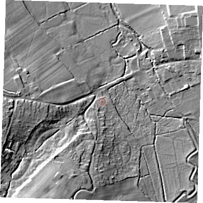 Shaded relief map of the ground around TN145JG, computed from Environment Agency LiDAR. The ground here sits at about 60 m above sea level and falls 17 m across the surrounding 800 m. Surface water reaching this point runs off ground lying to the south-south-west, 14.4 m higher.