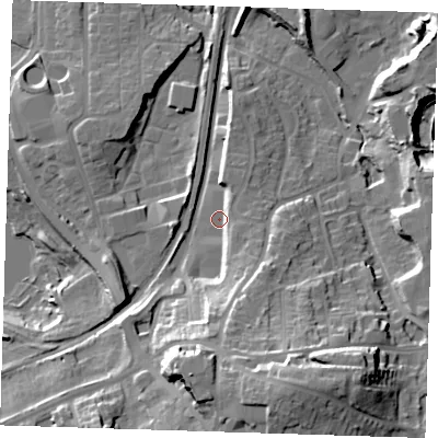 Shaded relief map of the ground around TN145LJ, computed from Environment Agency LiDAR. The ground here sits at about 71 m above sea level and falls 31 m across the surrounding 800 m. Surface water reaching this point runs off ground lying to the south-south-east, 11.5 m higher.