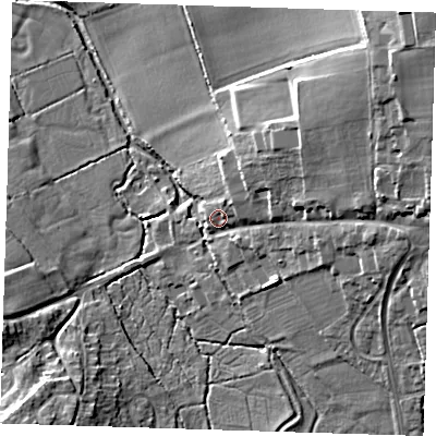 Shaded relief map of the ground around TN145PH, computed from Environment Agency LiDAR. The ground here sits at about 62 m above sea level and falls 21 m across the surrounding 800 m. Surface water reaching this point runs off ground lying to the east-north-east, 2.6 m higher.