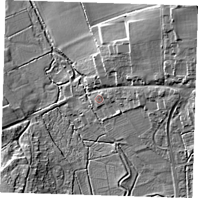Shaded relief map of the ground around TN145PL, computed from Environment Agency LiDAR. The ground here sits at about 61 m above sea level and falls 20 m across the surrounding 800 m. Surface water reaching this point runs off ground lying to the east, 1.3 m higher.