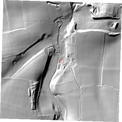 Shaded relief map of the ground around TN146AA, computed from Environment Agency LiDAR. The ground here sits at about 95 m above sea level and falls 46 m across the surrounding 800 m. Surface water reaching this point runs off ground lying to the south-south-east, 33.2 m higher.