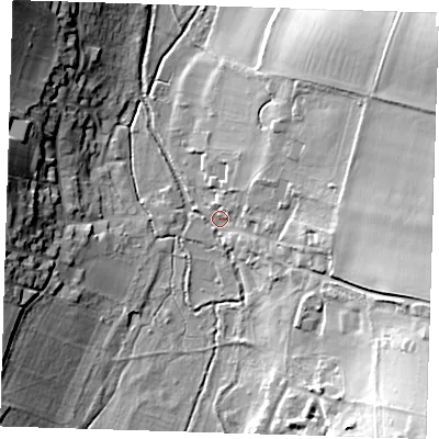 Shaded relief map of the ground around TN147SD, computed from Environment Agency LiDAR. The ground here sits at about 53 m above sea level and falls 27 m across the surrounding 800 m. Surface water reaching this point runs off ground lying to the east-south-east, 19.7 m higher.