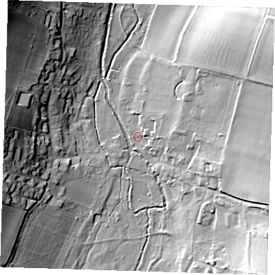 Shaded relief map of the ground around TN147SE, computed from Environment Agency LiDAR. The ground here sits at about 52 m above sea level and falls 30 m across the surrounding 800 m. Surface water reaching this point runs off ground lying to the east-north-east, 16.5 m higher.