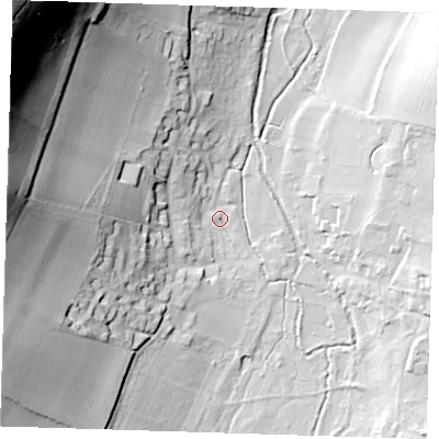 Shaded relief map of the ground around TN147SH, computed from Environment Agency LiDAR. The ground here sits at about 52 m above sea level and falls 80 m across the surrounding 800 m. Surface water reaching this point runs off ground lying to the west, 45.2 m higher.