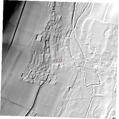 Shaded relief map of the ground around TN147SW, computed from Environment Agency LiDAR. The ground here sits at about 54 m above sea level and falls 80 m across the surrounding 800 m. Surface water reaching this point runs off ground lying to the west, 18.4 m higher.