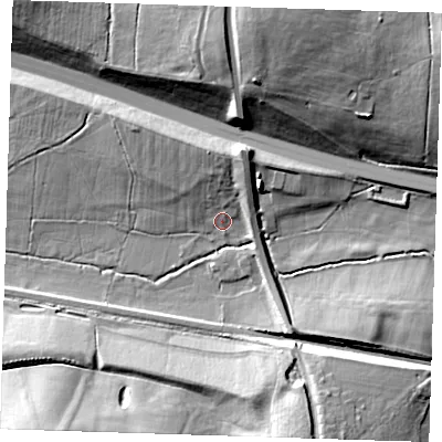 Shaded relief map of the ground around TN150BZ, computed from Environment Agency LiDAR. The ground here sits at about 71 m above sea level and falls 23 m across the surrounding 800 m. Surface water reaching this point runs off ground lying to the north, 5.8 m higher.