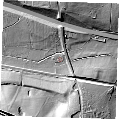 Shaded relief map of the ground around TN150FR, computed from Environment Agency LiDAR. The ground here sits at about 71 m above sea level and falls 30 m across the surrounding 800 m. Surface water reaching this point runs off ground lying to the south-east, 7.5 m higher.