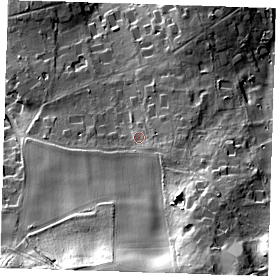 Shaded relief map of the ground around TN150HP, computed from Environment Agency LiDAR. The ground here sits at about 127 m above sea level and falls 39 m across the surrounding 800 m. Surface water reaching this point runs off ground lying to the south-east, 3.3 m higher.
