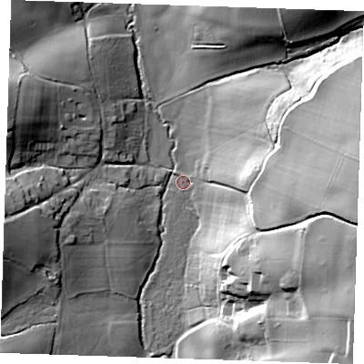 Shaded relief map of the ground around TN150QU, computed from Environment Agency LiDAR. The ground here sits at about 45 m above sea level and falls 34 m across the surrounding 800 m. Surface water reaching this point runs off ground lying to the east-south-east, 31.2 m higher.