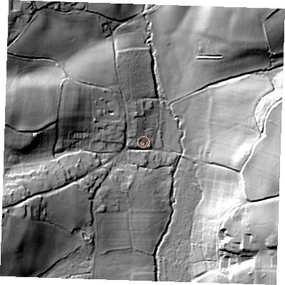 Shaded relief map of the ground around TN150RF, computed from Environment Agency LiDAR. The ground here sits at about 48 m above sea level and falls 28 m across the surrounding 800 m. Surface water reaching this point runs off ground lying to the west-north-west, 23.3 m higher.