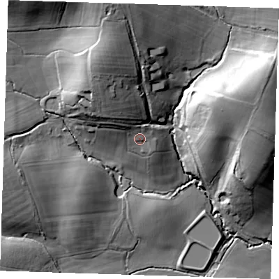 Shaded relief map of the ground around TN150SD, computed from Environment Agency LiDAR. The ground here sits at about 79 m above sea level and falls 34 m across the surrounding 800 m. Surface water reaching this point runs off ground lying to the north-west, 12.2 m higher.