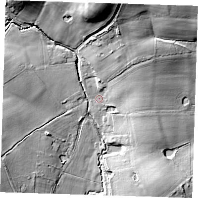 Shaded relief map of the ground around TN150SQ, computed from Environment Agency LiDAR. The ground here sits at about 59 m above sea level and falls 27 m across the surrounding 800 m. Surface water reaching this point runs off ground lying to the north-north-east, 12.7 m higher.