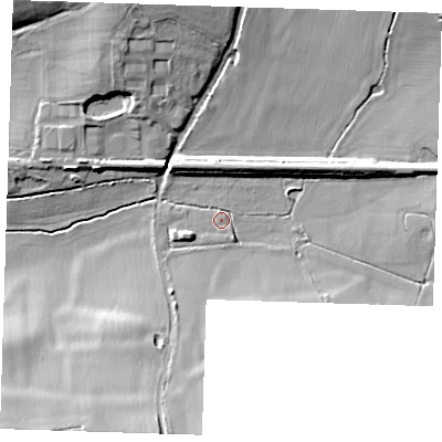 Shaded relief map of the ground around TN156NS, computed from Environment Agency LiDAR. The ground here sits at about 90 m above sea level and falls 16 m across the surrounding 800 m. Surface water reaching this point runs off ground lying to the east-north-east, 8.9 m higher.