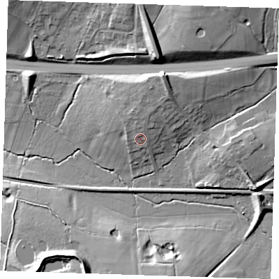 Shaded relief map of the ground around TN156PG, computed from Environment Agency LiDAR. The ground here sits at about 83 m above sea level and falls 21 m across the surrounding 800 m. Surface water reaching this point runs off ground lying to the north-north-east, 7.7 m higher.