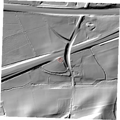 Shaded relief map of the ground around TN157SE, computed from Environment Agency LiDAR. The ground here sits at about 68 m above sea level and falls 26 m across the surrounding 800 m. Surface water reaching this point runs off ground lying to the north-west, 1.9 m higher.