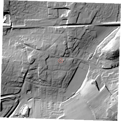 Shaded relief map of the ground around TN158BD, computed from Environment Agency LiDAR. The ground here sits at about 89 m above sea level and falls 34 m across the surrounding 800 m. Surface water reaching this point runs off ground lying to the north-west, 3.6 m higher.