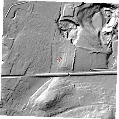 Shaded relief map of the ground around TN158DY, computed from Environment Agency LiDAR. The ground here sits at about 86 m above sea level and falls 46 m across the surrounding 800 m. Surface water reaching this point runs off ground lying to the north-east, 22.3 m higher.