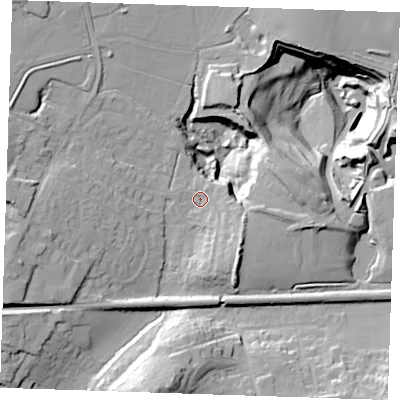 Shaded relief map of the ground around TN158DZ, computed from Environment Agency LiDAR. The ground here sits at about 87 m above sea level and falls 40 m across the surrounding 800 m. Surface water reaching this point runs off ground lying to the east, 22.3 m higher.