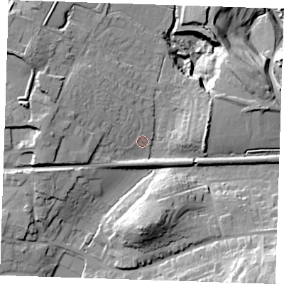 Shaded relief map of the ground around TN158ED, computed from Environment Agency LiDAR. The ground here sits at about 86 m above sea level and falls 49 m across the surrounding 800 m. Surface water reaching this point runs off ground lying to the east-north-east, 14.8 m higher.