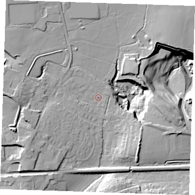 Shaded relief map of the ground around TN158EJ, computed from Environment Agency LiDAR. The ground here sits at about 87 m above sea level and falls 35 m across the surrounding 800 m. Surface water reaching this point runs off ground lying to the south-west, 18.5 m higher.