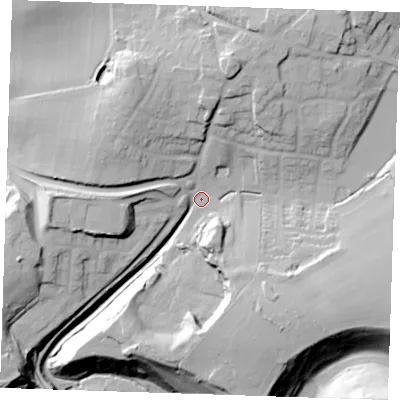 Shaded relief map of the ground around TN158FW, computed from Environment Agency LiDAR. The ground here sits at about 77 m above sea level and falls 35 m across the surrounding 800 m. Surface water reaching this point runs off ground lying to the south-south-east, 22.2 m higher.