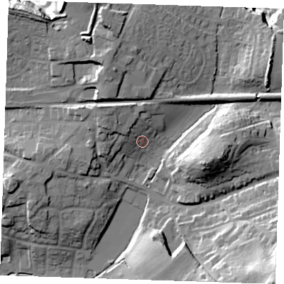 Shaded relief map of the ground around TN158HB, computed from Environment Agency LiDAR. The ground here sits at about 86 m above sea level and falls 47 m across the surrounding 800 m. Surface water reaching this point runs off ground lying to the north-west, 9.1 m higher.