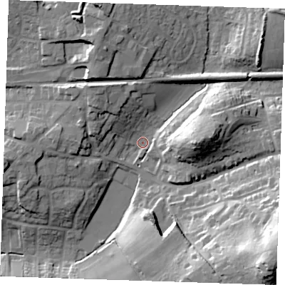 Shaded relief map of the ground around TN158HD, computed from Environment Agency LiDAR. The ground here sits at about 82 m above sea level and falls 44 m across the surrounding 800 m. Surface water reaching this point runs off ground lying to the east, 22.2 m higher.