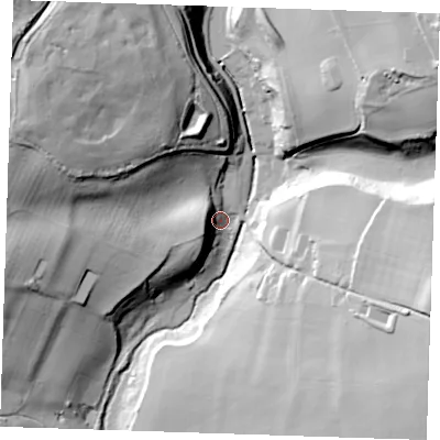 Shaded relief map of the ground around TN158PR, computed from Environment Agency LiDAR. The ground here sits at about 60 m above sea level and falls 49 m across the surrounding 800 m. Surface water reaching this point runs off ground lying to the west-south-west, 17.6 m higher.
