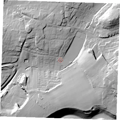 Shaded relief map of the ground around TN158RZ, computed from Environment Agency LiDAR. The ground here sits at about 81 m above sea level and falls 36 m across the surrounding 800 m. Surface water reaching this point runs off ground lying to the north-west, 13.4 m higher.