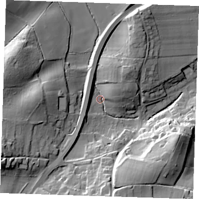 Shaded relief map of the ground around TN159AF, computed from Environment Agency LiDAR. The ground here sits at about 83 m above sea level and falls 34 m across the surrounding 800 m. Surface water reaching this point runs off ground lying to the north-north-east, 14.9 m higher.