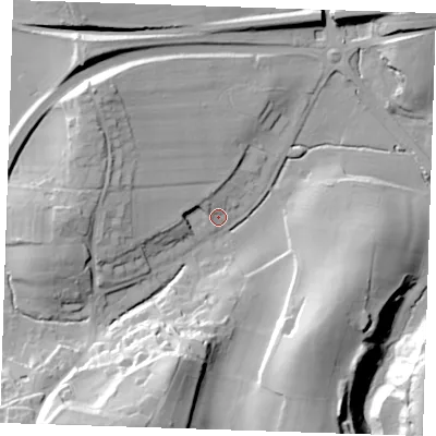 Shaded relief map of the ground around TN159HS, computed from Environment Agency LiDAR. The ground here sits at about 79 m above sea level and falls 37 m across the surrounding 800 m. Surface water reaching this point runs off ground lying to the west-north-west, 9.2 m higher.
