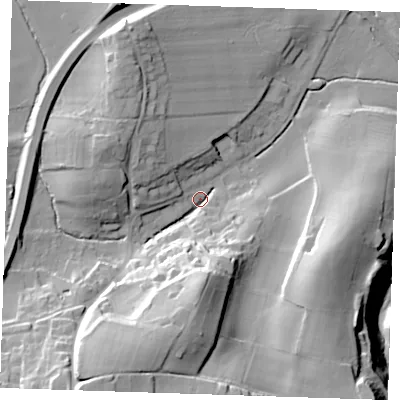 Shaded relief map of the ground around TN159HU, computed from Environment Agency LiDAR. The ground here sits at about 79 m above sea level and falls 42 m across the surrounding 800 m. Surface water reaching this point runs off ground lying to the south-south-west, 33.6 m higher.