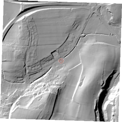 Shaded relief map of the ground around TN159HX, computed from Environment Agency LiDAR. The ground here sits at about 78 m above sea level and falls 40 m across the surrounding 800 m. Surface water reaching this point runs off ground lying to the south-west, 31.6 m higher.