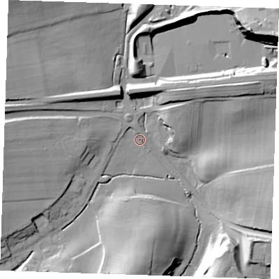 Shaded relief map of the ground around TN159JA, computed from Environment Agency LiDAR. The ground here sits at about 75 m above sea level and falls 28 m across the surrounding 800 m. Surface water reaching this point runs off ground lying to the west, 15.6 m higher.