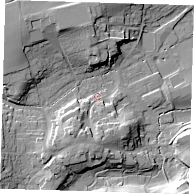 Shaded relief map of the ground around TN161BB, computed from Environment Agency LiDAR. The ground here sits at about 107 m above sea level and falls 24 m across the surrounding 800 m. Surface water reaching this point runs off ground lying to the south-west, 13.1 m higher.