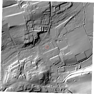 Shaded relief map of the ground around TN161BQ, computed from Environment Agency LiDAR. The ground here sits at about 104 m above sea level and falls 33 m across the surrounding 800 m. Surface water reaching this point runs off ground lying to the south-west, 2.1 m higher.